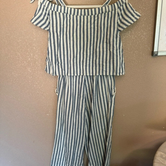 Madewell Linen Striped Nautical Off The Shoulder Flounce Cropped Jumpsuit C - Picture 2 of 5
